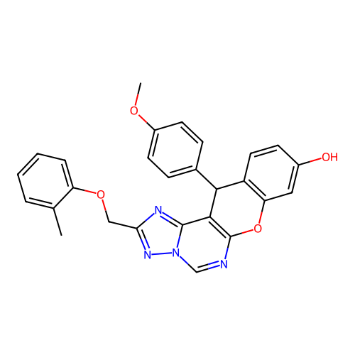 12-(4-methoxyphenyl)-2-[(2-methylphenoxy)methyl]-12H-chromeno[3,2-e][1,2,4]triazolo[1,5-c]pyrimidin-9-ol structure