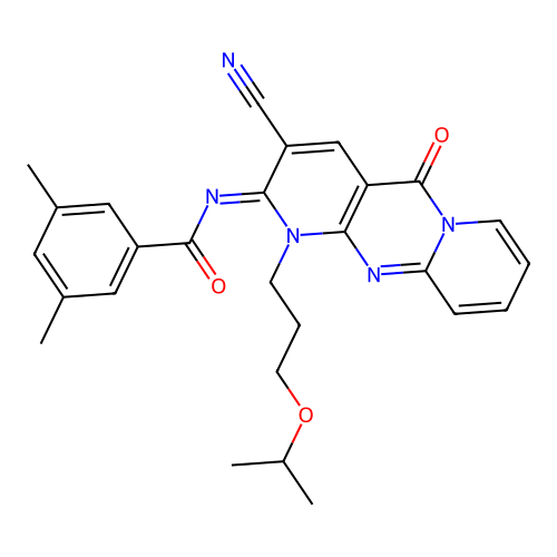 (E)-N-(3-cyano-1-(3-isopropoxypropyl)-5-oxo-1H-dipyrido[1,2-a:2',3'-d]pyrimidin-2(5H)-ylidene)-3,5-dimethylbenzamide structure