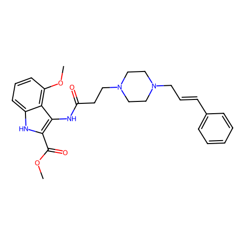 (E)-methyl 3-(3-(4-cinnamylpiperazin-1-yl)propanamido)-4-methoxy-1H-indole-2-carboxylate structure