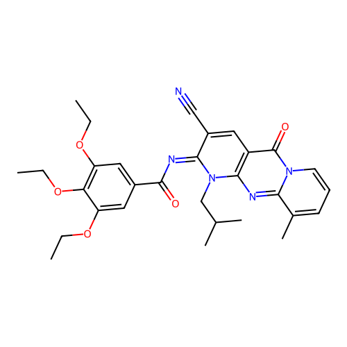 (E)-N-(3-cyano-1-isobutyl-10-methyl-5-oxo-1H-dipyrido[1,2-a:2',3'-d]pyrimidin-2(5H)-ylidene)-3,4,5-triethoxybenzamide structure