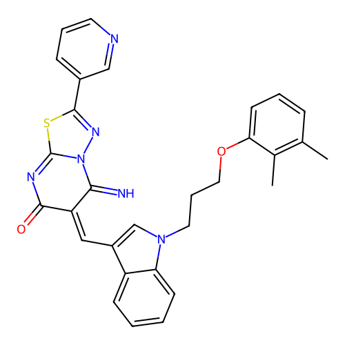 (E)-6-((1-(3-(2,3-dimethylphenoxy)propyl)-1H-indol-3-yl)methylene)-5-imino-2-(pyridin-3-yl)-5H-[1,3,4]thiadiazolo[3,2-a]pyrimidin-7(6H)-one structure