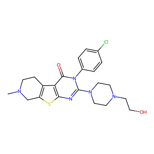 3-(4-chlorophenyl)-2-(4-(2-hydroxyethyl)piperazin-1-yl)-7-methyl-5,6,7,8-tetrahydropyrido[4',3':4,5]thieno[2,3-d]pyrimidin-4(3H)-one structure