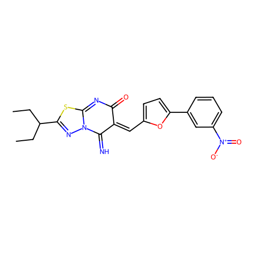 (6Z)-5-imino-6-[[5-(3-nitrophenyl)furan-2-yl]methylidene]-2-pentan-3-yl-[1,3,4]thiadiazolo[3,2-a]pyrimidin-7-one structure