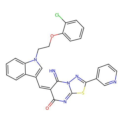 (6E)-6-({1-[2-(2-chlorophenoxy)ethyl]-1H-indol-3-yl}methylidene)-5-imino-2-(pyridin-3-yl)-5,6-dihydro-7H-[1,3,4]thiadiazolo[3,2-a]pyrimidin-7-one structure