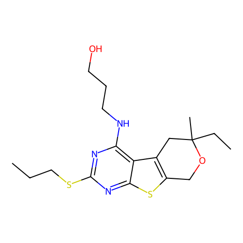 3-{[6-ethyl-6-methyl-2-(propylsulfanyl)-5,8-dihydro-6H-pyrano[4',3':4,5]thieno[2,3-d]pyrimidin-4-yl]amino}propan-1-ol structure