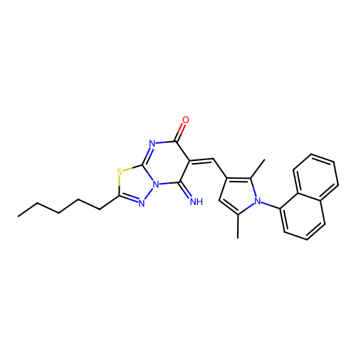 (6E)-6-[(2,5-dimethyl-1-naphthalen-1-ylpyrrol-3-yl)methylidene]-5-imino-2-pentyl-[1,3,4]thiadiazolo[3,2-a]pyrimidin-7-one structure