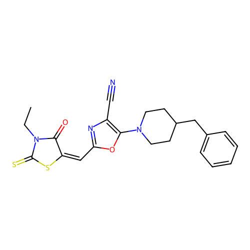 (E)-5-(4-benzylpiperidin-1-yl)-2-((3-ethyl-4-oxo-2-thioxothiazolidin-5-ylidene)methyl)oxazole-4-carbonitrile structure