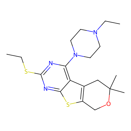 4-(4-ethylpiperazin-1-yl)-2-(ethylsulfanyl)-6,6-dimethyl-5,8-dihydro-6H-pyrano[4',3':4,5]thieno[2,3-d]pyrimidine structure