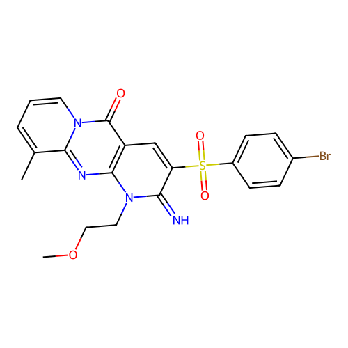 3-((4-bromophenyl)sulfonyl)-2-imino-1-(2-methoxyethyl)-10-methyl-1H-dipyrido[1,2-a:2',3'-d]pyrimidin-5(2H)-one structure