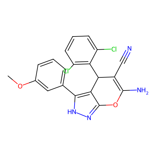 6-amino-4-(2,6-dichlorophenyl)-3-(3-methoxyphenyl)-2,4-dihydropyrano[2,3-c]pyrazole-5-carbonitrile structure