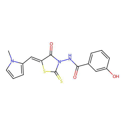 (Z)-3-hydroxy-N-(5-((1-methyl-1H-pyrrol-2-yl)methylene)-4-oxo-2-thioxothiazolidin-3-yl)benzamide structure