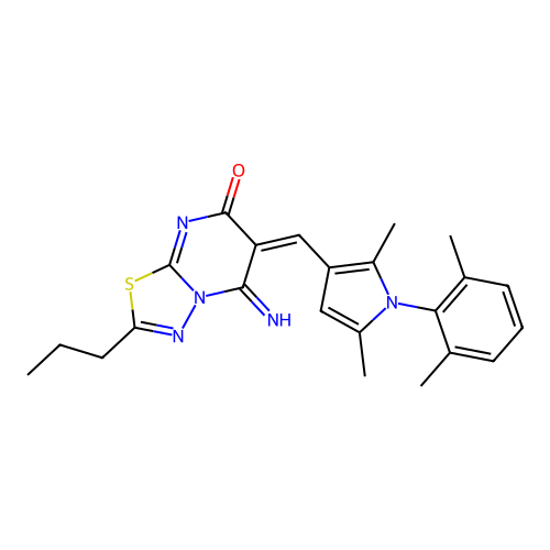 (6E)-6-[[1-(2,6-dimethylphenyl)-2,5-dimethylpyrrol-3-yl]methylidene]-5-imino-2-propyl-[1,3,4]thiadiazolo[3,2-a]pyrimidin-7-one structure