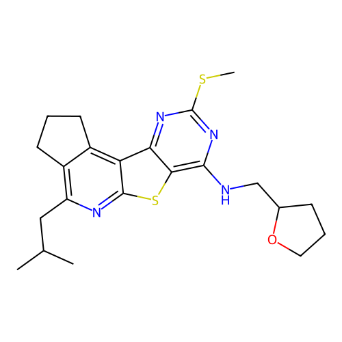 4-(2-methylpropyl)-9-(methylsulfanyl)-N-(tetrahydrofuran-2-ylmethyl)-2,3-dihydro-1H-cyclopenta[4',5']pyrido[3',2':4,5]thieno[3,2-d]pyrimidin-7-amine structure