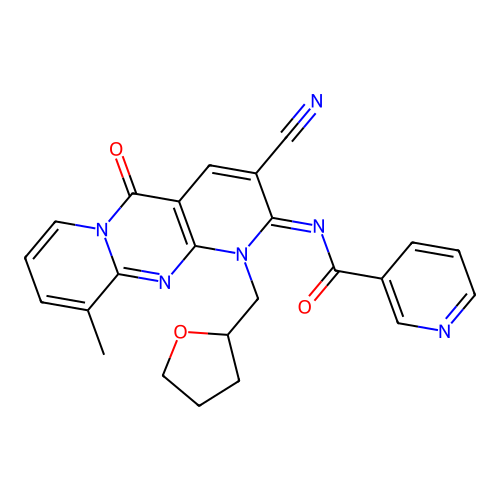 (E)-N-(3-cyano-10-methyl-5-oxo-1-((tetrahydrofuran-2-yl)methyl)-1H-dipyrido[1,2-a:2',3'-d]pyrimidin-2(5H)-ylidene)nicotinamide structure