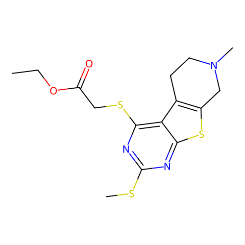 ethyl {[7-methyl-2-(methylsulfanyl)-5,6,7,8-tetrahydropyrido[4',3':4,5]thieno[2,3-d]pyrimidin-4-yl]sulfanyl}acetate structure