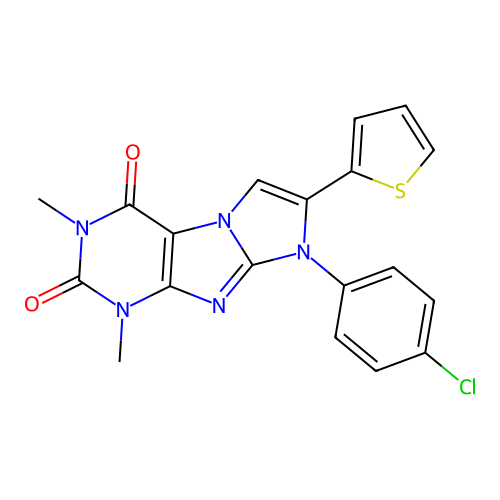 8-(4-chlorophenyl)-1,3-dimethyl-7-(thiophen-2-yl)-1H-imidazo[2,1-f]purine-2,4(3H,8H)-dione structure