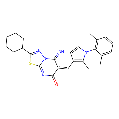 (E)-2-cyclohexyl-6-((1-(2,6-dimethylphenyl)-2,5-dimethyl-1H-pyrrol-3-yl)methylene)-5-imino-5H-[1,3,4]thiadiazolo[3,2-a]pyrimidin-7(6H)-one structure