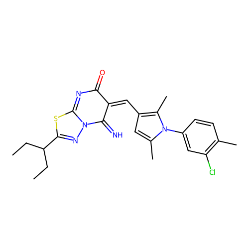 (E)-6-((1-(3-chloro-4-methylphenyl)-2,5-dimethyl-1H-pyrrol-3-yl)methylene)-5-imino-2-(pentan-3-yl)-5H-[1,3,4]thiadiazolo[3,2-a]pyrimidin-7(6H)-one structure