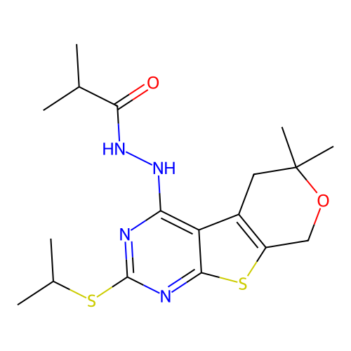N'-(2-(isopropylthio)-6,6-dimethyl-6,8-dihydro-5H-pyrano[4',3':4,5]thieno[2,3-d]pyrimidin-4-yl)isobutyrohydrazide structure