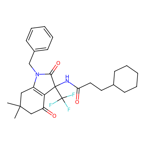 N-[1-benzyl-6,6-dimethyl-2,4-dioxo-3-(trifluoromethyl)-2,3,4,5,6,7-hexahydro-1H-indol-3-yl]-3-cyclohexylpropanamide structure