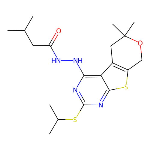 N'-(2-(isopropylthio)-6,6-dimethyl-6,8-dihydro-5H-pyrano[4',3':4,5]thieno[2,3-d]pyrimidin-4-yl)-3-methylbutanehydrazide structure