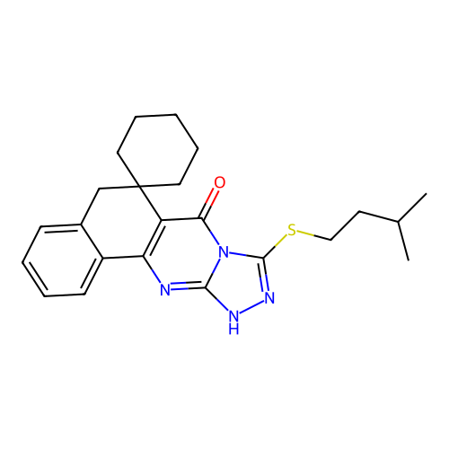 9-(isopentylthio)-5H-spiro[benzo[h][1,2,4]triazolo[3,4-b]quinazoline-6,1'-cyclohexan]-7(12H)-one structure
