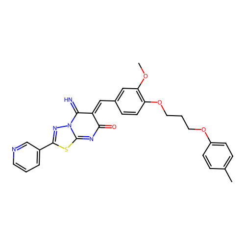 (6Z)-5-imino-6-[[3-methoxy-4-[3-(4-methylphenoxy)propoxy]phenyl]methylidene]-2-pyridin-3-yl-[1,3,4]thiadiazolo[3,2-a]pyrimidin-7-one structure