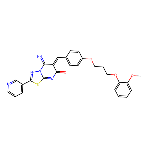 (6Z)-5-imino-6-[[4-[3-(2-methoxyphenoxy)propoxy]phenyl]methylidene]-2-pyridin-3-yl-[1,3,4]thiadiazolo[3,2-a]pyrimidin-7-one structure