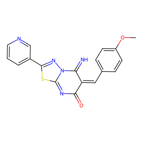 (E)-5-imino-6-(4-methoxybenzylidene)-2-(pyridin-3-yl)-5H-[1,3,4]thiadiazolo[3,2-a]pyrimidin-7(6H)-one structure