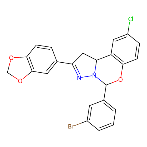 2-(1,3-benzodioxol-5-yl)-5-(3-bromophenyl)-9-chloro-1,10b-dihydropyrazolo[1,5-c][1,3]benzoxazine structure
