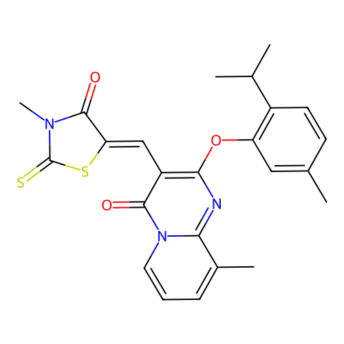 5-{(Z)-1-[2-(2-isopropyl-5-methylphenoxy)-9-methyl-4-oxo-4H-pyrido[1,2-a]pyrimidin-3-yl]methylidene}-3-methyl-2-thioxo-1,3-thiazolan-4-one structure