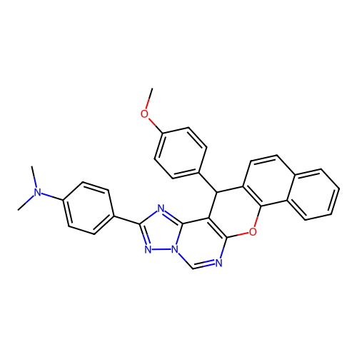 4-[14-(4-methoxyphenyl)-14H-benzo[7,8]chromeno[3,2-e][1,2,4]triazolo[1,5-c]pyrimidin-2-yl]-N,N-dimethylaniline structure