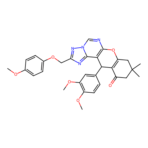12-(3,4-dimethoxyphenyl)-2-[(4-methoxyphenoxy)methyl]-9,9-dimethyl-8,9,10,12-tetrahydro-11H-chromeno[3,2-e][1,2,4]triazolo[1,5-c]pyrimidin-11-one structure