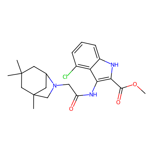 methyl 4-chloro-3-(2-(1,3,3-trimethyl-6-azabicyclo[3.2.1]octan-6-yl)acetamido)-1H-indole-2-carboxylate structure
