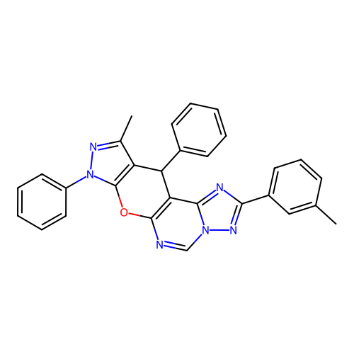 10-methyl-2-(3-methylphenyl)-8,11-diphenyl-8,11-dihydropyrazolo[4',3':5,6]pyrano[3,2-e][1,2,4]triazolo[1,5-c]pyrimidine structure