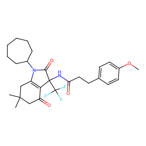 N-(1-cycloheptyl-6,6-dimethyl-2,4-dioxo-3-(trifluoromethyl)-2,3,4,5,6,7-hexahydro-1H-indol-3-yl)-3-(4-methoxyphenyl)propanamide structure