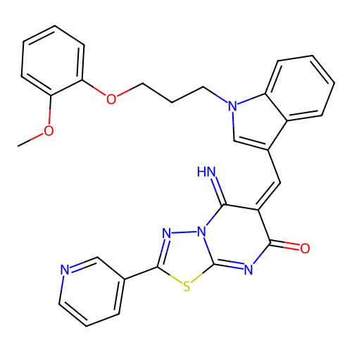 (E)-5-imino-6-((1-(3-(2-methoxyphenoxy)propyl)-1H-indol-3-yl)methylene)-2-(pyridin-3-yl)-5H-[1,3,4]thiadiazolo[3,2-a]pyrimidin-7(6H)-one structure