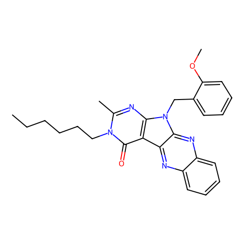 3-hexyl-11-(2-methoxybenzyl)-2-methyl-3,11-dihydro-4H-pyrimido[5',4':4,5]pyrrolo[2,3-b]quinoxalin-4-one structure