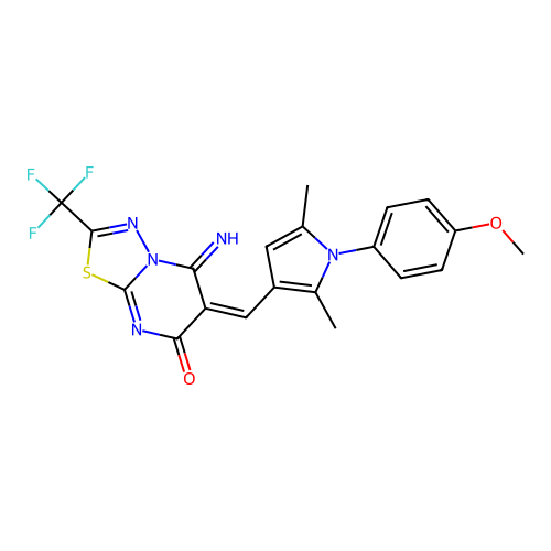 (E)-5-imino-6-((1-(4-methoxyphenyl)-2,5-dimethyl-1H-pyrrol-3-yl)methylene)-2-(trifluoromethyl)-5H-[1,3,4]thiadiazolo[3,2-a]pyrimidin-7(6H)-one structure