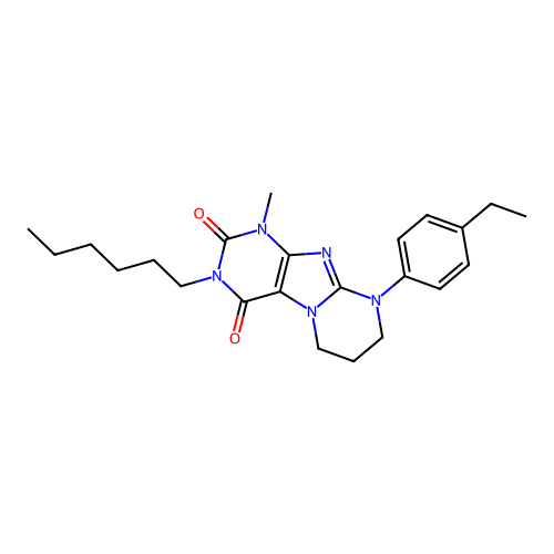 9-(4-ethylphenyl)-3-hexyl-1-methyl-6,7,8,9-tetrahydropyrimido[2,1-f]purine-2,4(1H,3H)-dione structure