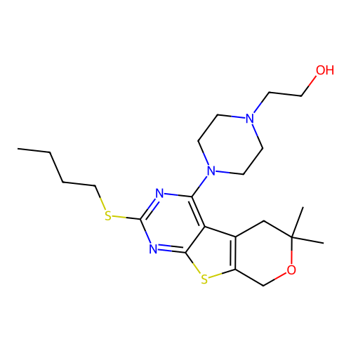 2-(4-(2-(butylthio)-6,6-dimethyl-6,8-dihydro-5H-pyrano[4',3':4,5]thieno[2,3-d]pyrimidin-4-yl)piperazin-1-yl)ethanol structure