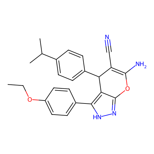 6-amino-3-(4-ethoxyphenyl)-4-(4-isopropylphenyl)-1,4-dihydropyrano[2,3-c]pyrazole-5-carbonitrile structure