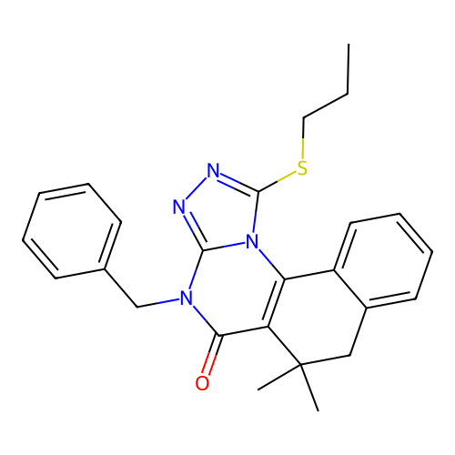 4-benzyl-6,6-dimethyl-1-(propylsulfanyl)-6,7-dihydrobenzo[h][1,2,4]triazolo[4,3-a]quinazolin-5(4H)-one structure