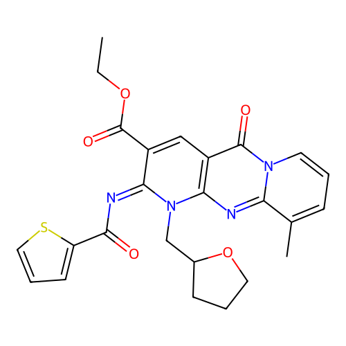(Z)-ethyl 10-methyl-5-oxo-1-((tetrahydrofuran-2-yl)methyl)-2-((thiophene-2-carbonyl)imino)-2,5-dihydro-1H-dipyrido[1,2-a:2',3'-d]pyrimidine-3-carboxylate structure
