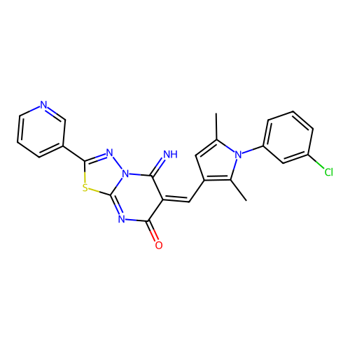 (E)-6-((1-(3-chlorophenyl)-2,5-dimethyl-1H-pyrrol-3-yl)methylene)-5-imino-2-(pyridin-3-yl)-5H-[1,3,4]thiadiazolo[3,2-a]pyrimidin-7(6H)-one structure