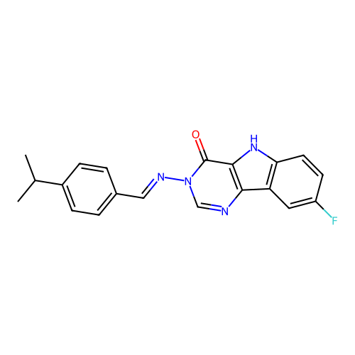 (E)-8-fluoro-3-((4-isopropylbenzylidene)amino)-3H-pyrimido[5,4-b]indol-4(5H)-one structure