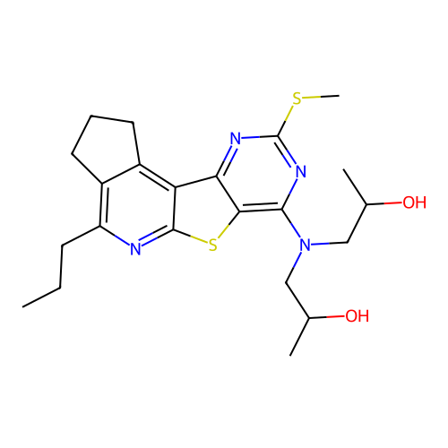 1,1'-((9-(methylthio)-4-propyl-2,3-dihydro-1H-cyclopenta[4',5']pyrido[3',2':4,5]thieno[3,2-d]pyrimidin-7-yl)azanediyl)bis(propan-2-ol) structure