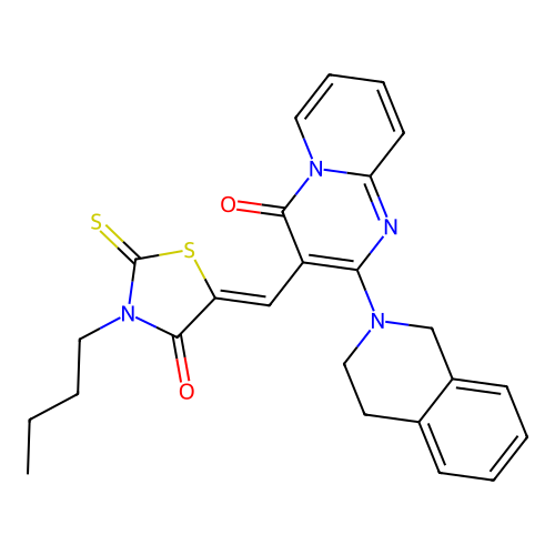 3-[(Z)-(3-butyl-4-oxo-2-thioxo-1,3-thiazolidin-5-ylidene)methyl]-2-(3,4-dihydroisoquinolin-2(1H)-yl)-4H-pyrido[1,2-a]pyrimidin-4-one structure