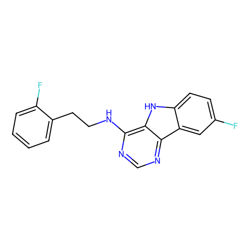 8-fluoro-N-[2-(2-fluorophenyl)ethyl]-5H-pyrimido[5,4-b]indol-4-amine structure