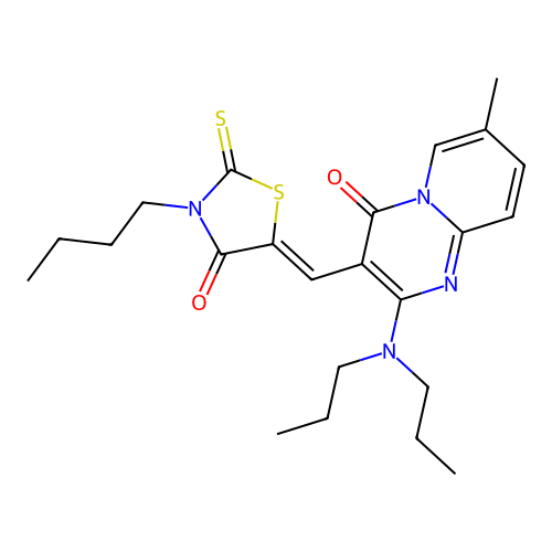 3-[(Z)-(3-butyl-4-oxo-2-thioxo-1,3-thiazolidin-5-ylidene)methyl]-2-(dipropylamino)-7-methyl-4H-pyrido[1,2-a]pyrimidin-4-one structure
